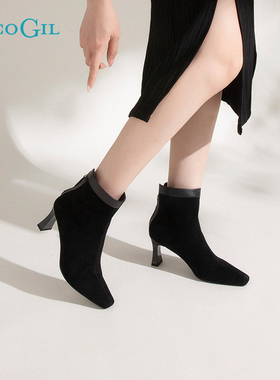 PACO GIL女靴冬新款真皮法式复古时装靴欧美风高跟瘦瘦靴棕色短靴