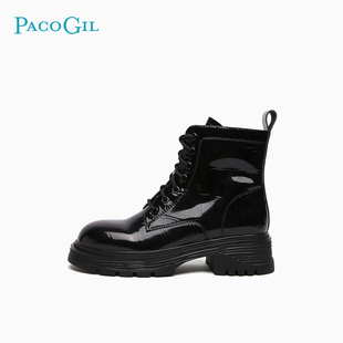 PACO GIL女鞋时尚漆皮粗跟短靴冬季新款潮炸街厚底马丁靴女学院风