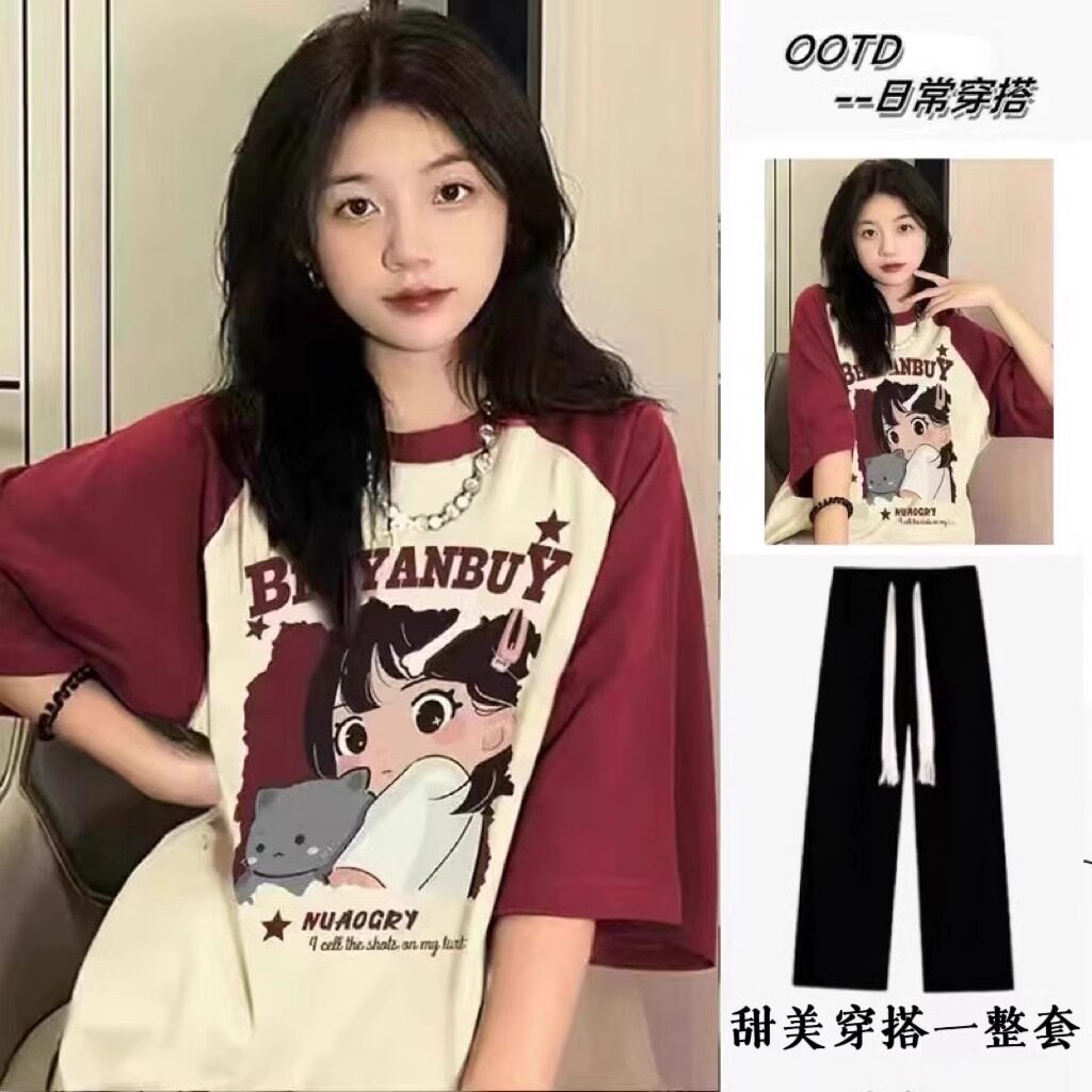 休闲运动套装女夏季宽松纯棉短袖T恤阔腿裤小清新少女减龄两件套