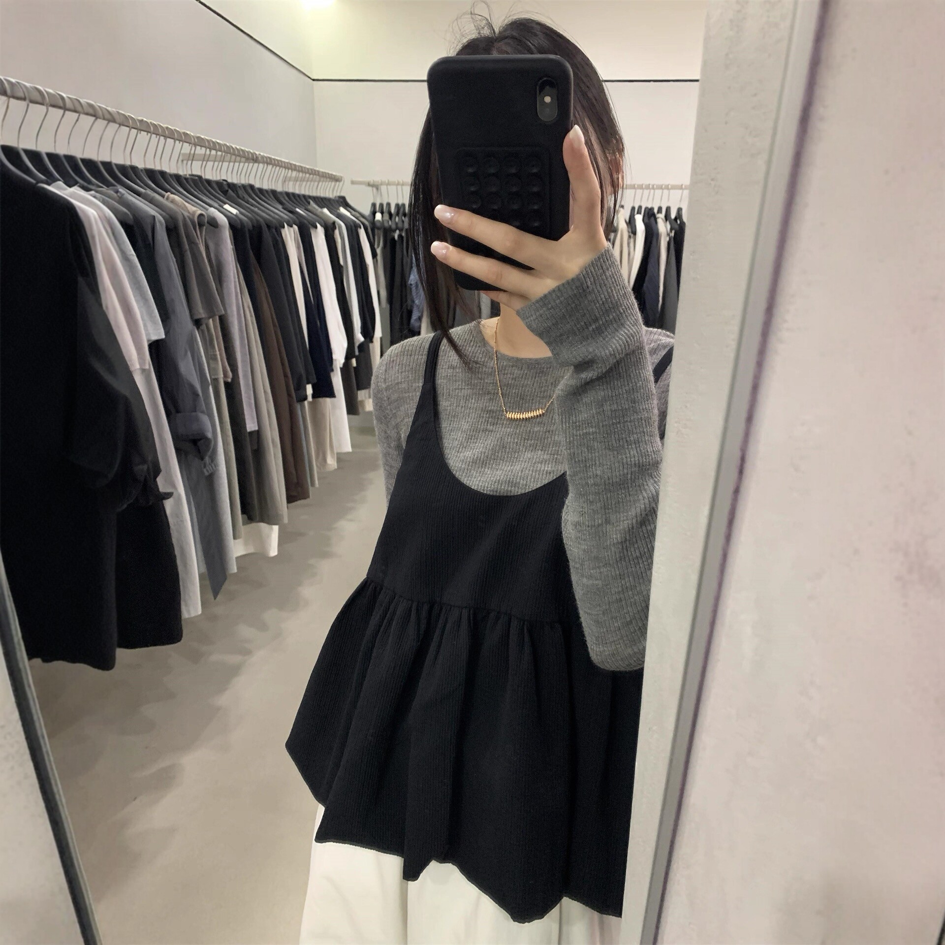 韩系甜美灰色圆领打底上衣女吊带