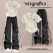 少女两件套 夏装 polo杉休闲工装 搭配一整套女2025新款 裤 学院风短袖