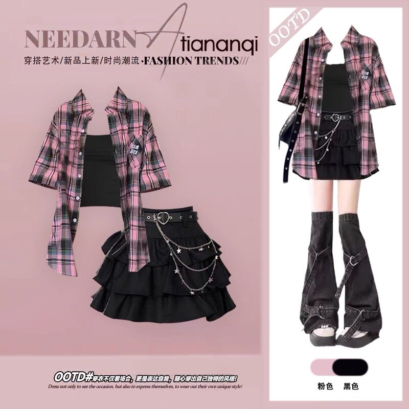 夏日韩系少女穿搭一整套新款格子衬衫吊带显瘦百搭蓬蓬短裙三件套