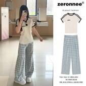 T恤格子阔腿裤 韩系学院风休闲运动套装 短袖 2025新款 两件套 女夏季