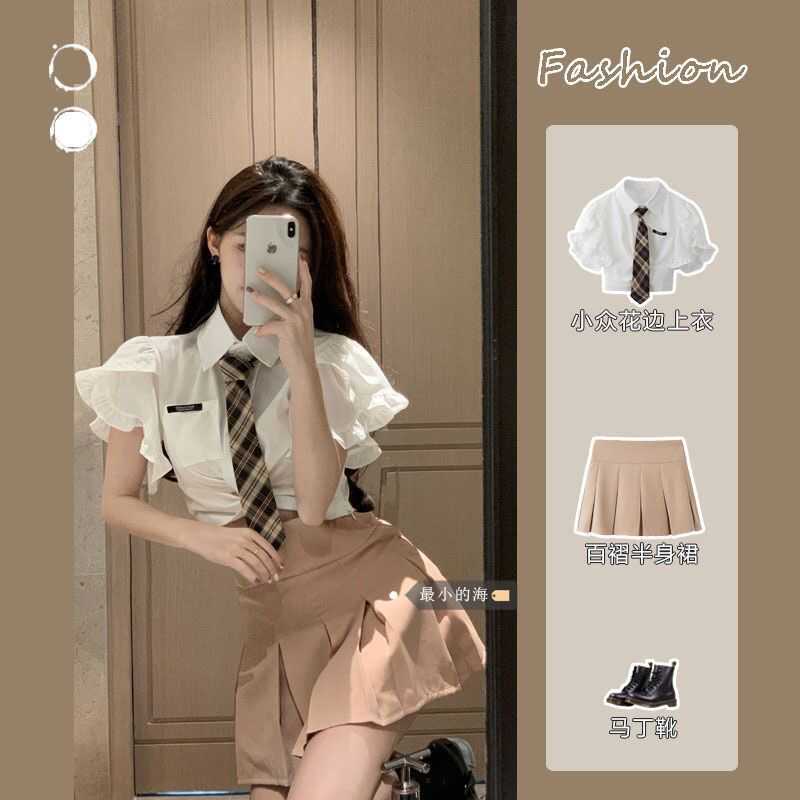 学院风JK套装裙女夏季新款辣妹制服设计感短袖衬衫+百褶裙两件套