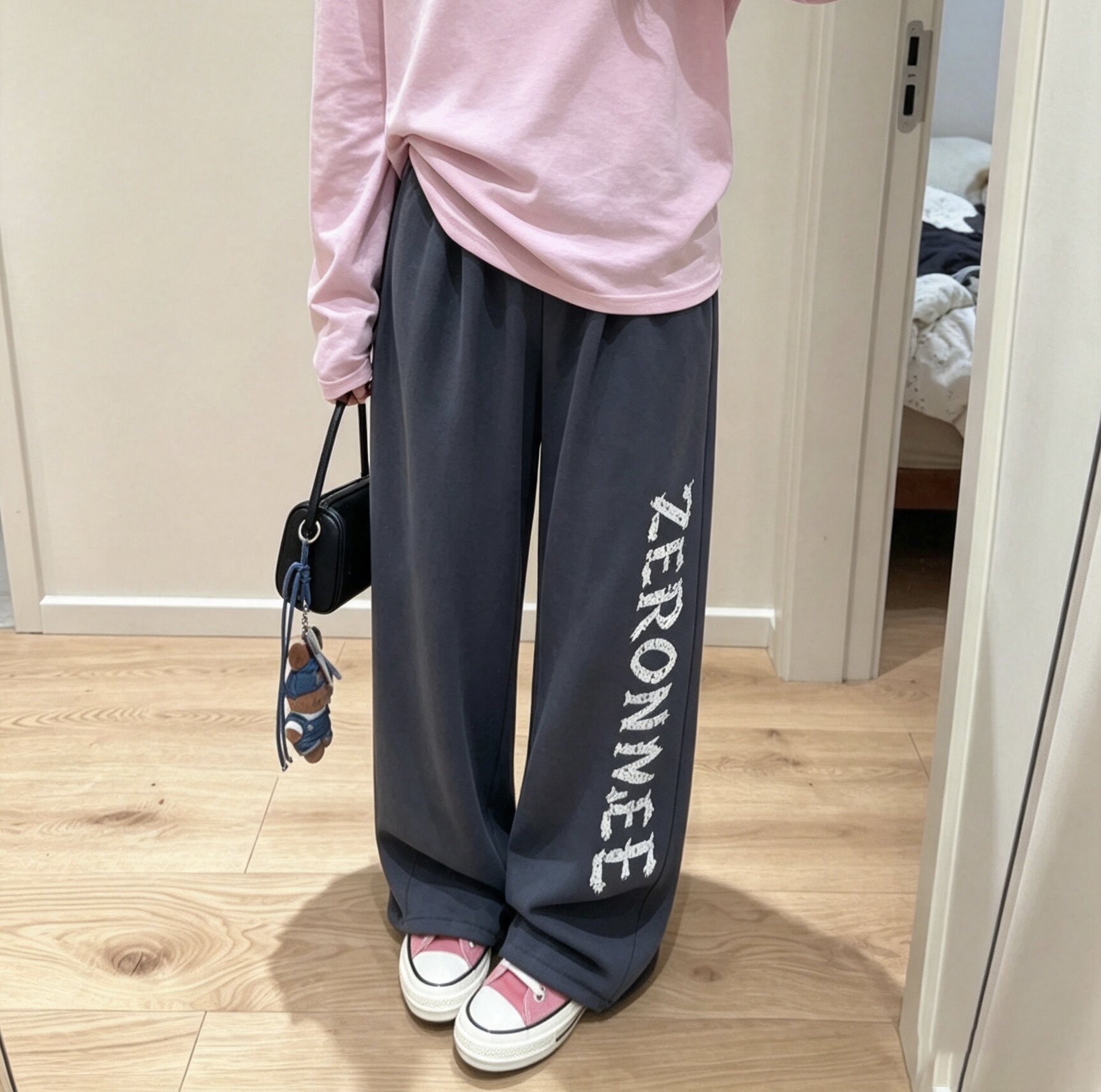 美式做旧字母蓝灰色印花休闲裤女