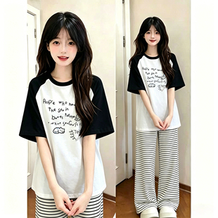 学院风休闲运动套装女夏季学生宽松韩版短袖T恤条纹阔腿裤两件套