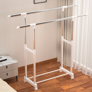家用落地室内晾衣架加粗加厚不锈钢双杆式伸缩挂衣服架卧室晾衣杆