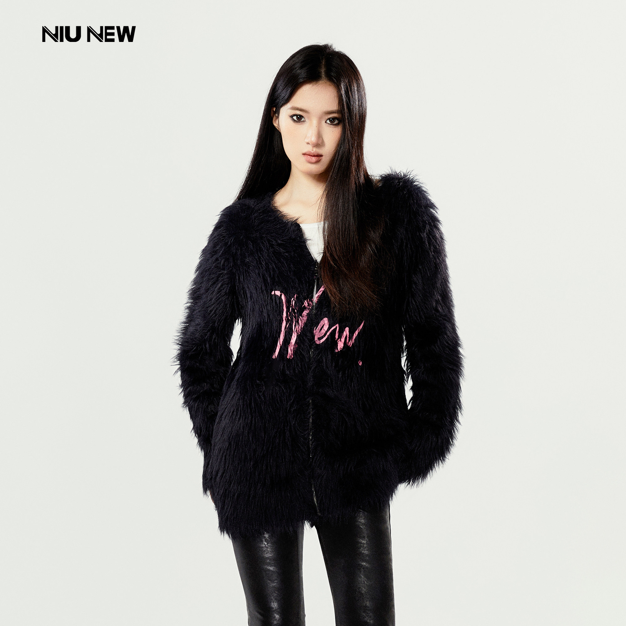 NIU NEW 美式复古慵懒风马海毛针织开衫百搭显瘦黑色毛茸茸外套女