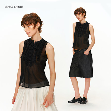GENTLE KNIGHT 木耳边抽褶立领背心女休闲微透显瘦无袖雪纺衫上衣