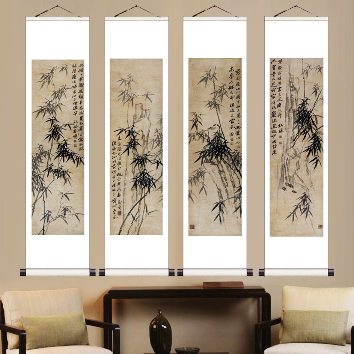 国画梅兰竹菊国画卷轴画竹子挂画郑板桥竹子字画书房茶楼装饰卷轴