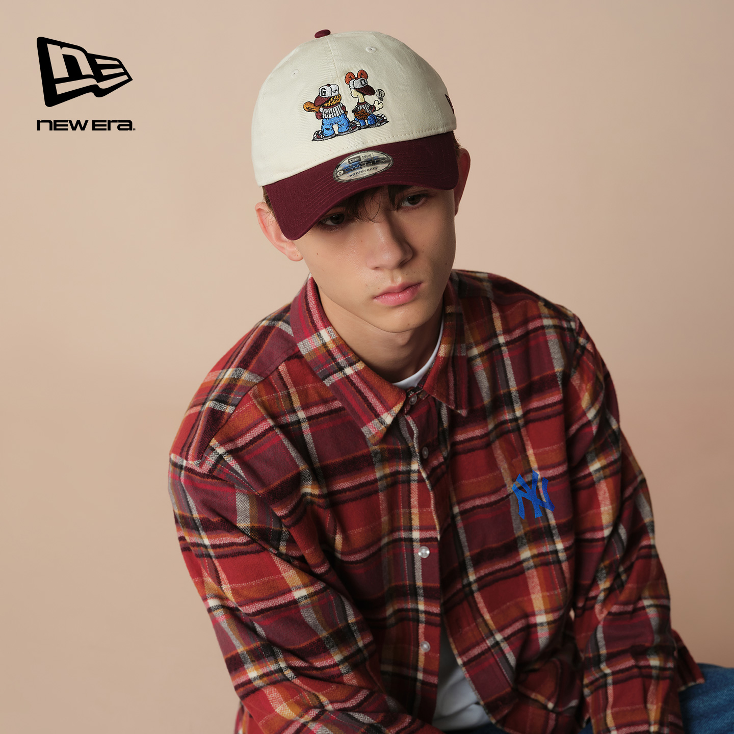 New Era纽亦华白敬亭同款2025秋季MLB复古格纹衬衫NY法兰绒学院风