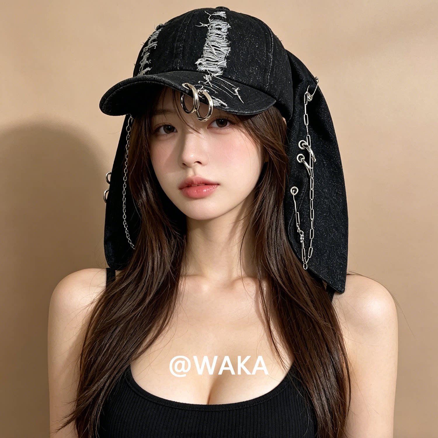 WAKA做旧兔耳链条潮酷棒球帽