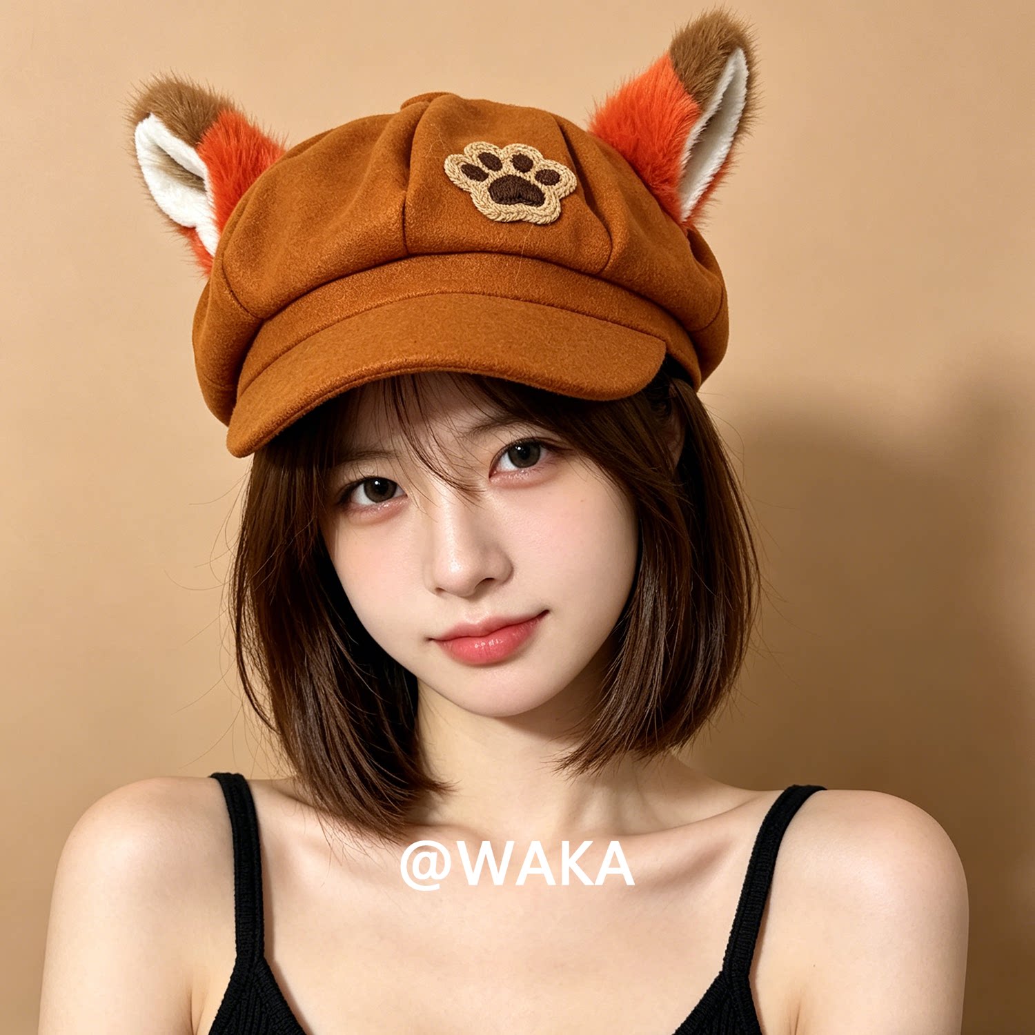WAKA可爱狐耳毛绒显脸小报童帽