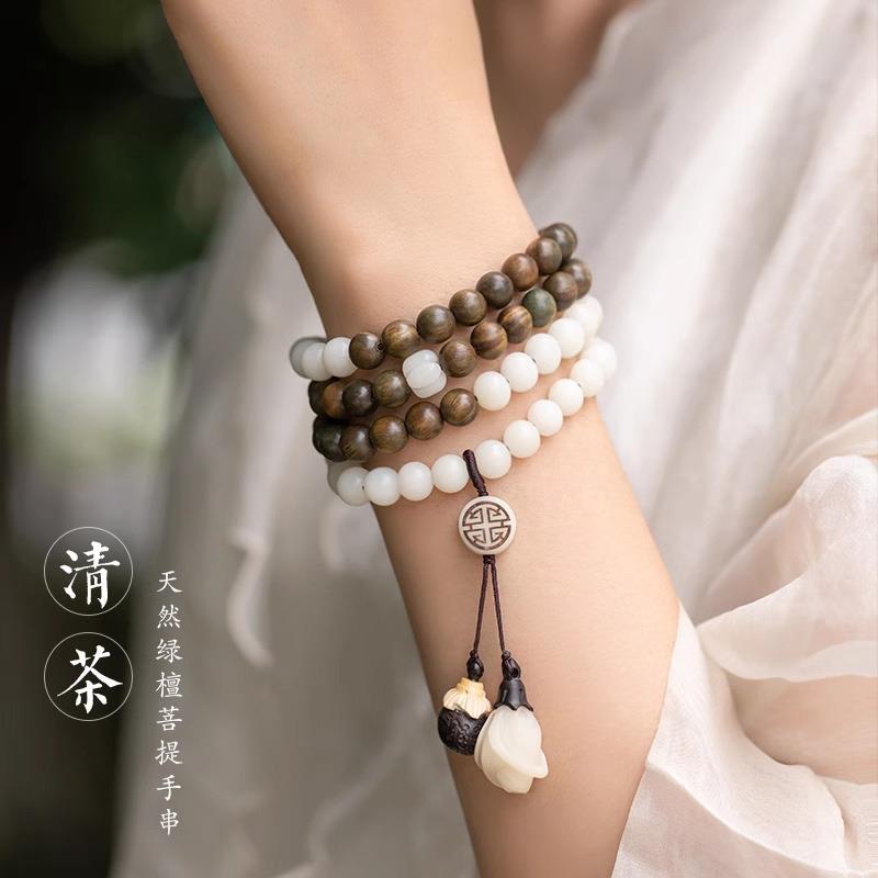 清茶原创双圈白玉菩提根绿檀木复古毛衣链百搭女民族风项链手串