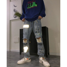 19福克斯同款 外星人刺绣图案破洞嘻哈说唱牛仔长裤 money X3自制