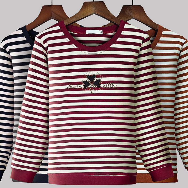 女士纯棉T恤妈妈宽松打底衫弹力条纹圆领上衣镶钻外穿收口袖秋衣t