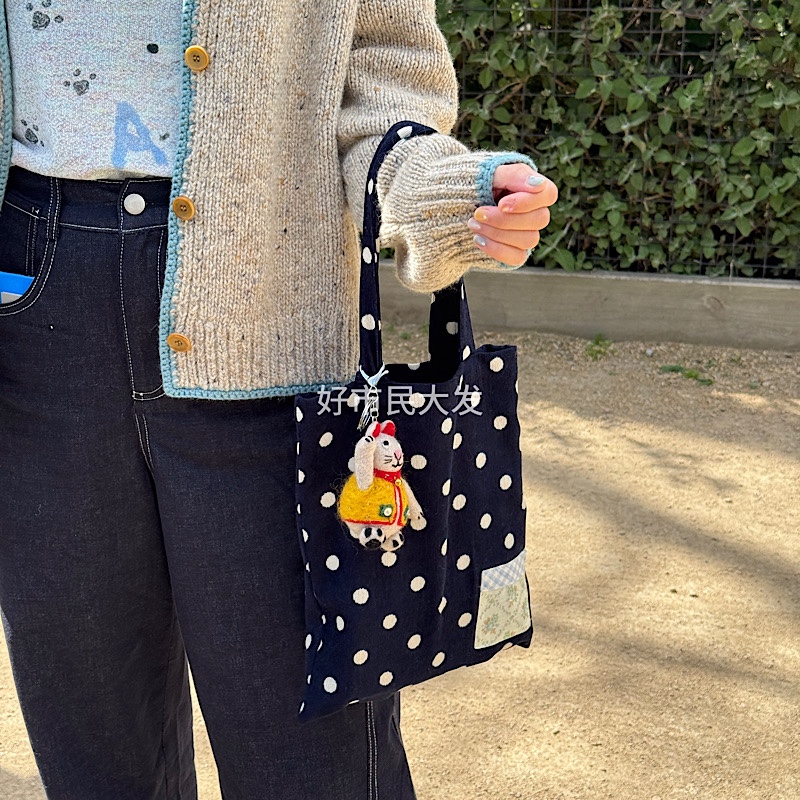 好市民大发 自制双面灯芯绒波点秋冬手提袋通勤简约格子布袋ins女