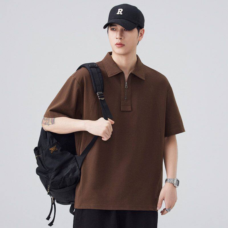 半拉链短袖POLO翻领夏季韩系拼接衫上衣重磅男生套头2026新潮款式