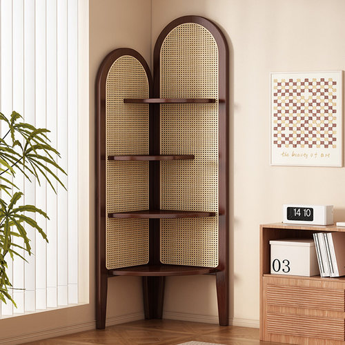 中复古式藤编转角装饰置物架卧室实木三拐屏风客厅沙发墙边书柜子