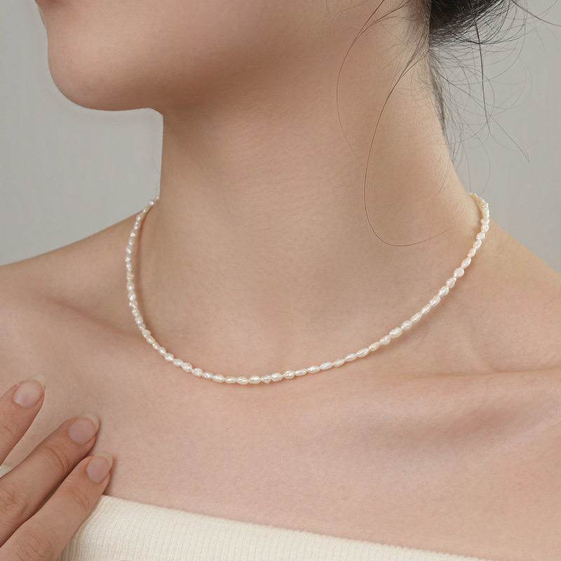 巴洛克珍珠极细2-3mm不规则纯银小keshi珍珠锁骨链