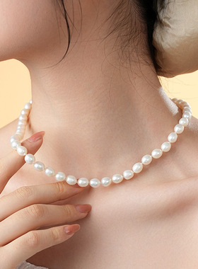 天然淡水珍珠8-9mm胖米珠项链S925银轻奢高级礼物