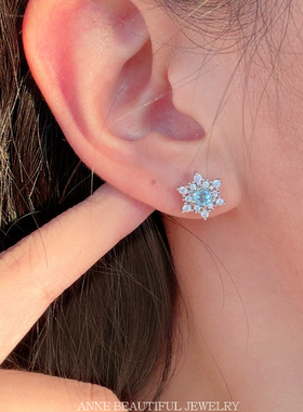 天然海蓝宝耳钉雪花造型925纯银轻奢耳钉小众设计