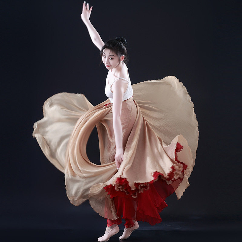 古典舞720度绑带大摆裙剧目演出服米白色酒红色维族舞蹈裙超大摆