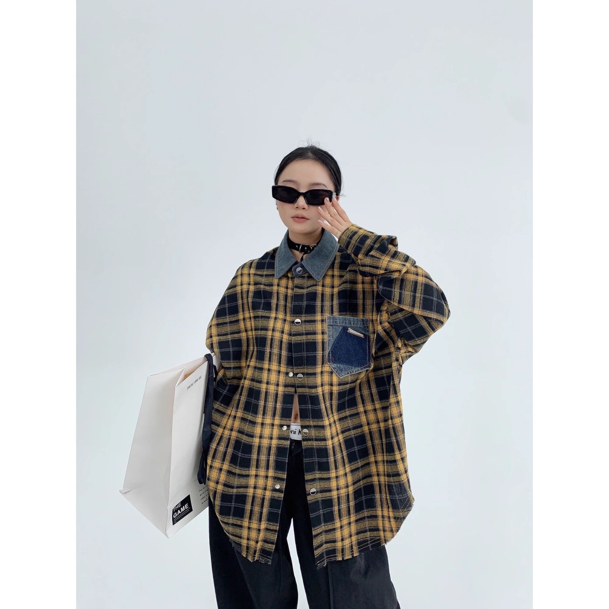 新款原创复古高级感外套格子衬衫男女百搭秋季黄色格纹衬衣美式