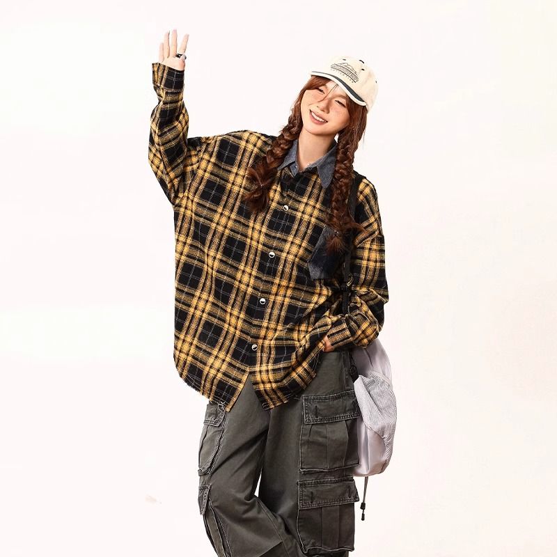 美式复古原创高级感外穿格子衬衫女复古宽松百搭早秋黄色格纹衬衣