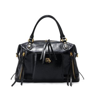 真皮波士顿包机车风牛皮保龄球包女士大容量托特包通勤手提枕头包