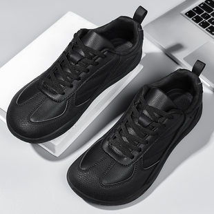 全黑皮面防水防滑加宽加高脚胖脚肥中老年人运动健步鞋 大码 宽头鞋