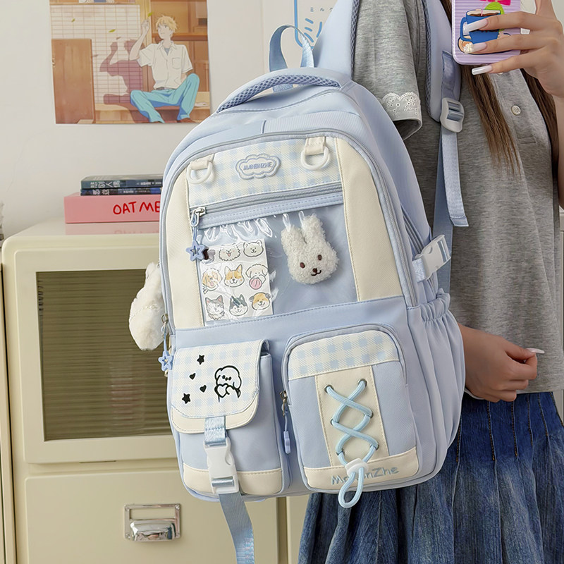 颜值学院风酒红格子书包初中生温柔治愈感休闲百搭旅行双肩包