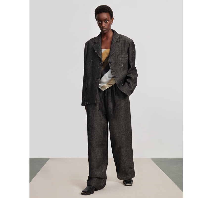 trinite独立设计师品牌 斜纹毛麻混纺手工磨洞单排扣西装外套西服