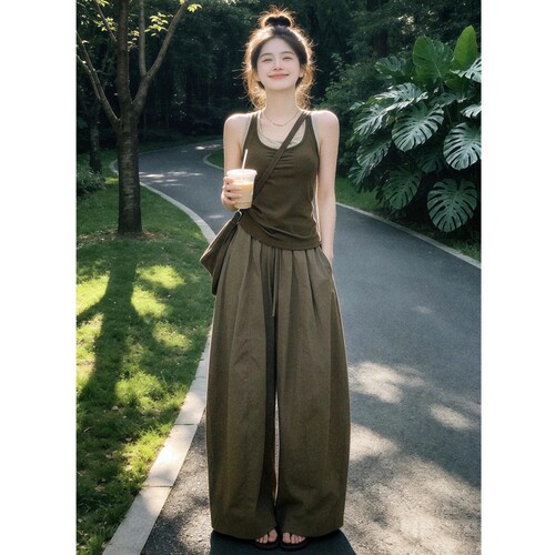 韩版美拉德穿搭夏季休闲运动套装女宽松显瘦复古高级感背心两件套