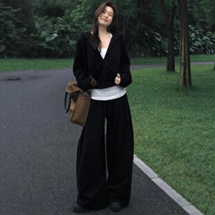 休闲两件套 慵懒风阔腿裤 复古高级感运动套装 女春宽松卫衣韩系时尚