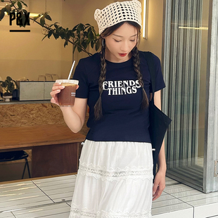 T恤女圆领字母减龄修身 P&X 收腰短款 极简主义 内搭纯色上衣 美式
