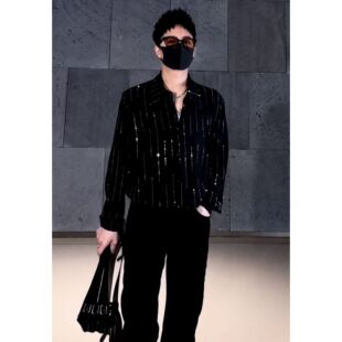 高级设计款夜店发型师垫肩衬衫男士夏季潮流烫钻宽松痞帅长袖衬衣