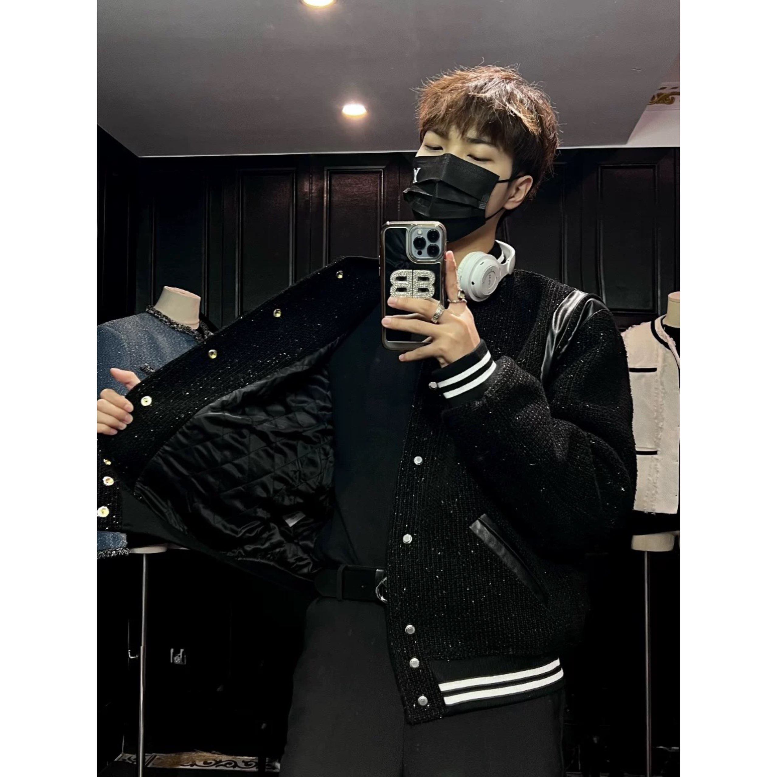 高级感韩版小众拼接拼皮棒球服男款时尚休闲痞帅粗花呢立领外套