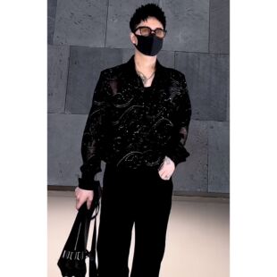 设计款半透明长袖衬衫男宽松烫金满天星2025新款潮流夜店痞帅衬衣