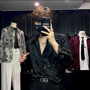 新款高级感满天星烫金长袖衬衫男士夏季时尚潮流痞帅垂感宽松衬衣