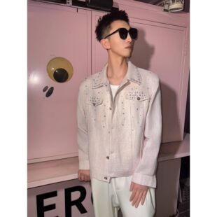 轻奢原创小众烫钻镶边翻领韩版设计感垫肩牛仔休闲夹克百搭时尚潮