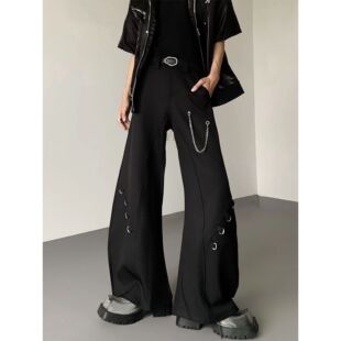 美式潮流重工金属挂链设计款黑色弯刀西裤男士秋季阔腿休闲西装裤