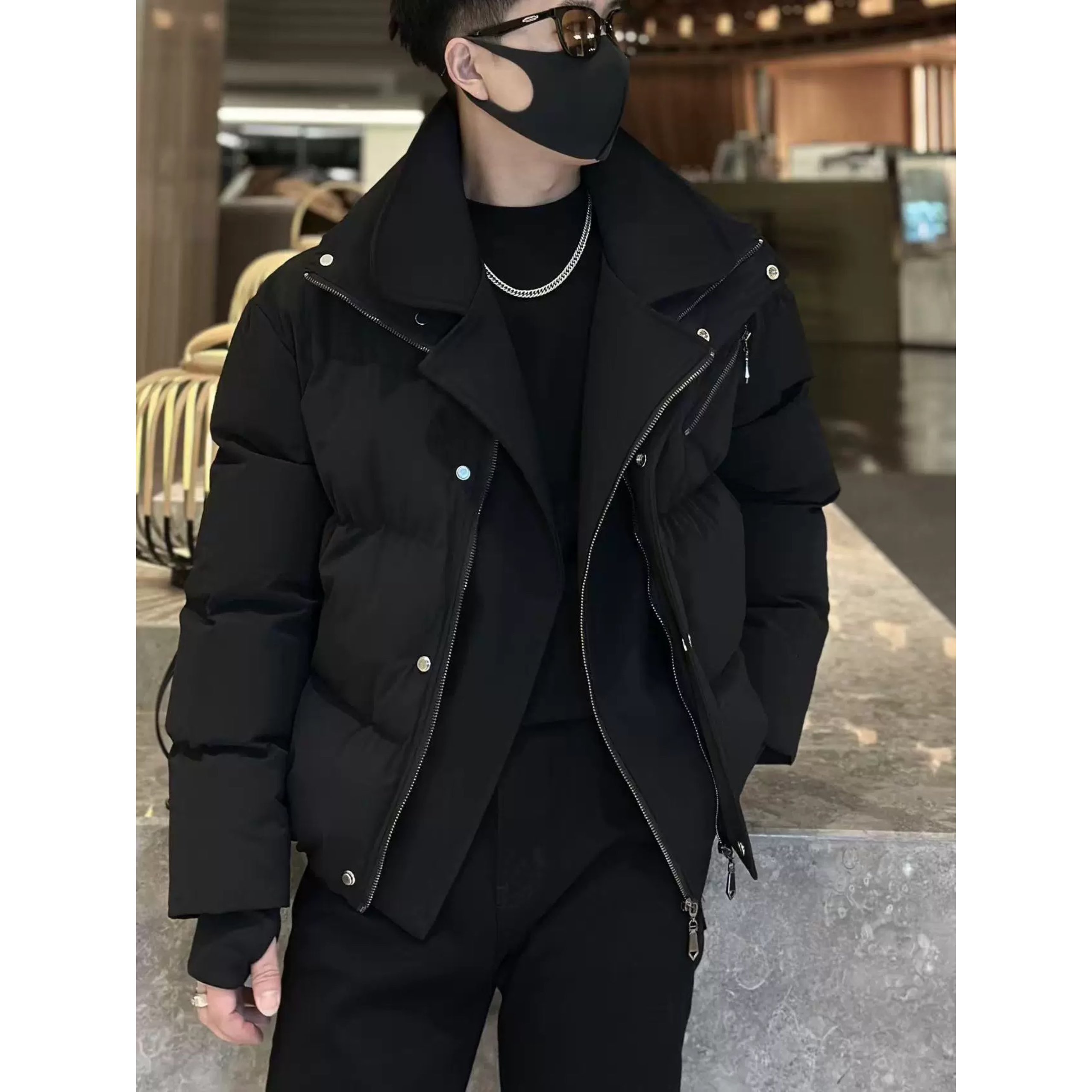 韩版潮牌痞帅个性拼接假两件冬季加厚保暖宽松西装领男士棉服外套