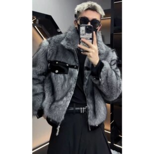 冬季小众痞帅仿貂绒短款皮草外套男美式复古皮毛一体轻奢夹克潮流