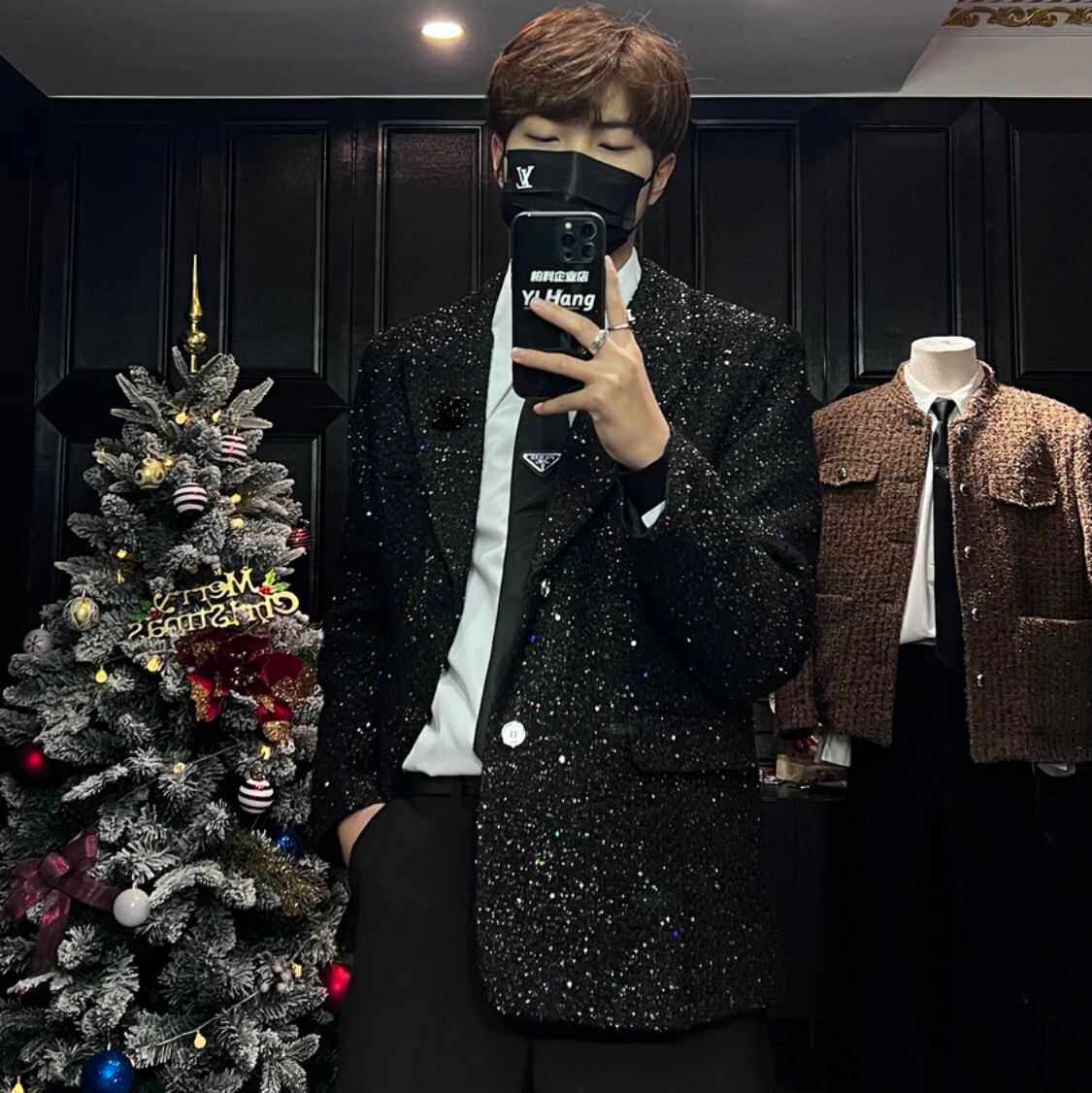 亮片设计感粗花呢男外套垫肩宽松