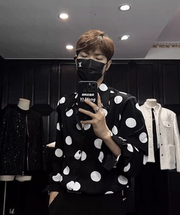 高级感黑白波点衬衫男宽松洋气免烫潮慵懒风衬衣垫肩潮流上衣痞帅