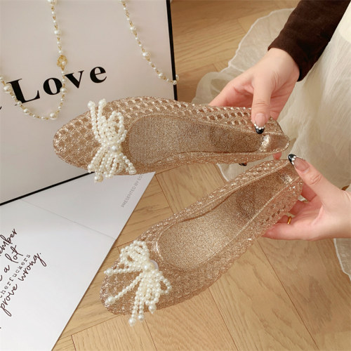 韩版网红果冻鞋女尖头水晶凉鞋外穿透明镂空平底小众休闲洞洞鞋潮