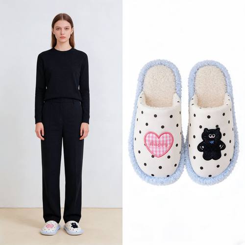 时尚韩系波点猫咪棉拖鞋女可爱趣味高级感ins风秋冬少女心棉拖鞋
