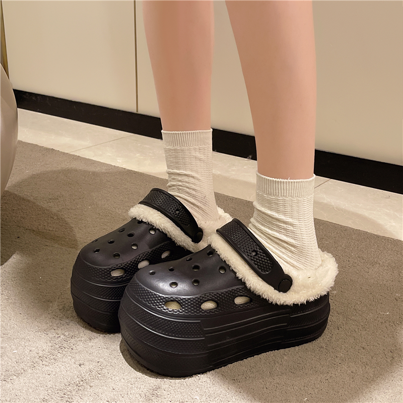 新娘鞋冬季高跟加棉加绒8cm洞洞鞋女小个子增高医用上班包头鞋女