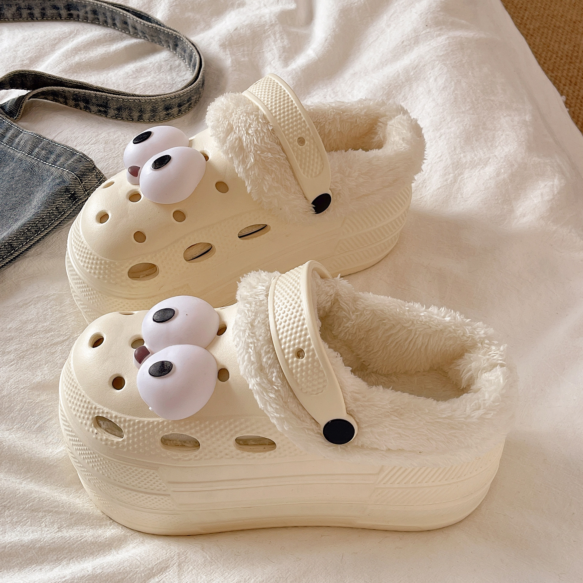 秋冬季高跟厚底加棉加绒9cm洞洞鞋女小个子增高医用包头棉拖鞋女